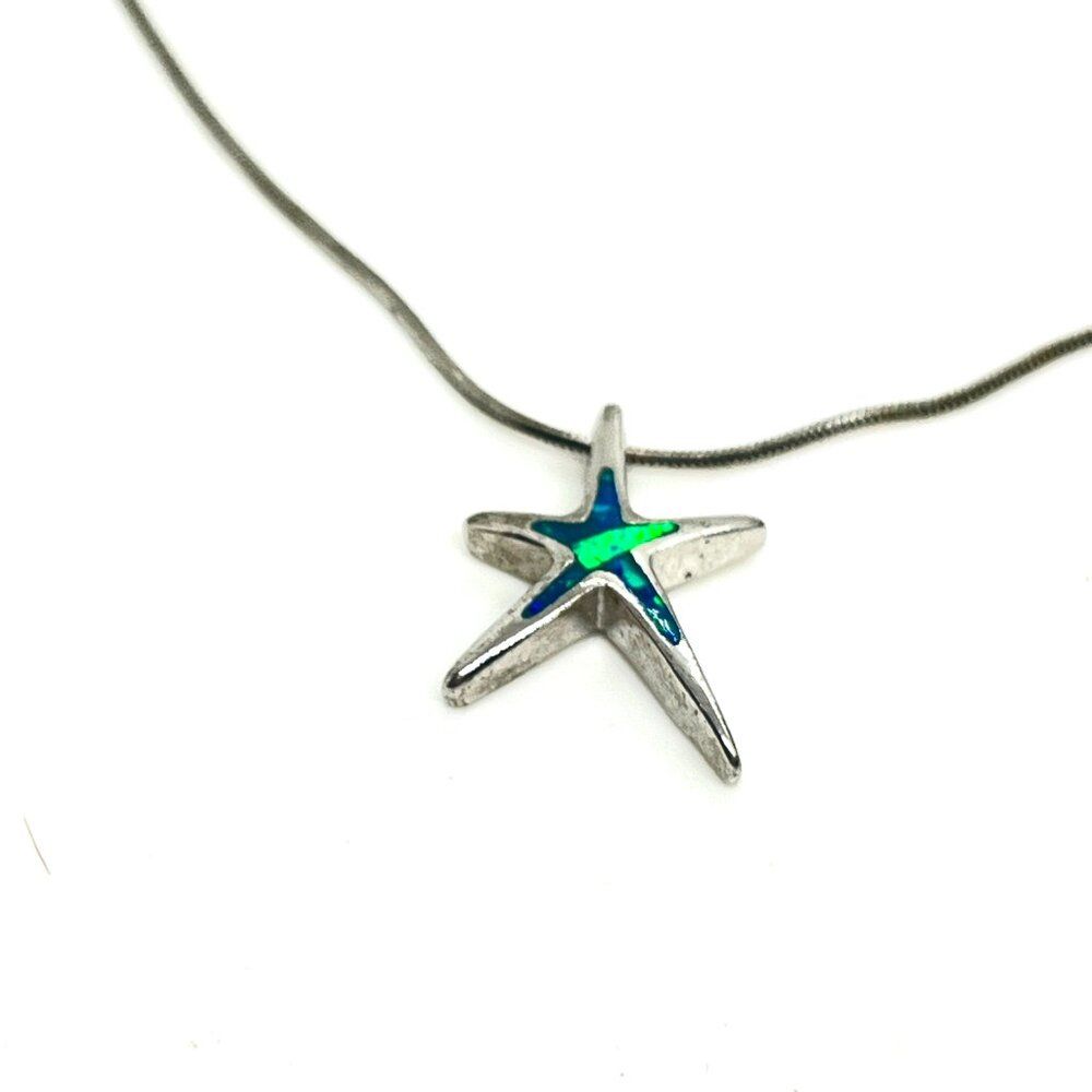 Sterling Opal Starfish Necklace 925 Italy Blue Green Inlay Beach Pendant Dainty